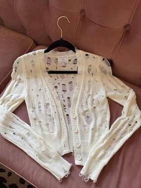 Absolutely Cream Distressed Open-Knit Cardigan